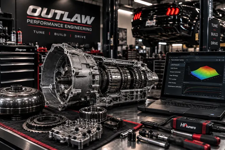 Opened automatic transmission with torque converter and valve body parts on the bench