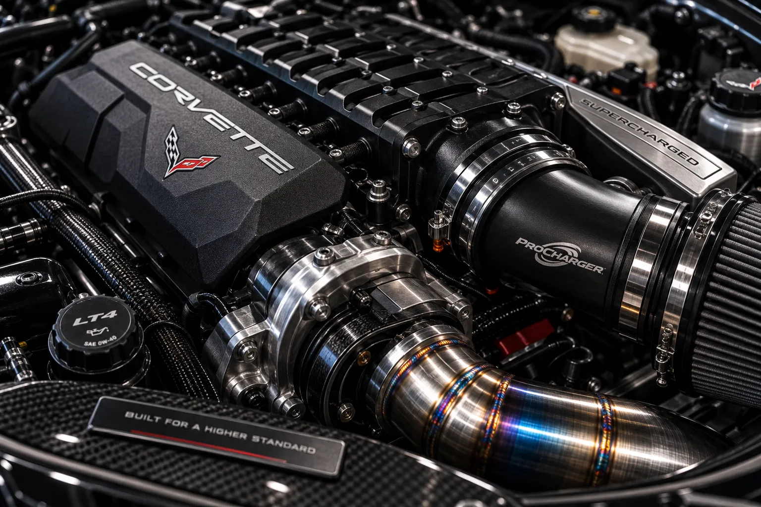 Supercharged Corvette LT V8 engine bay