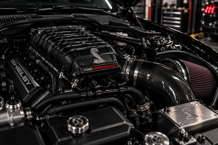 Supercharged Ford engine bay with a carbon fiber intake