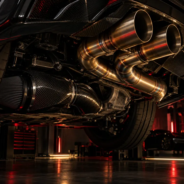 Polished performance exhaust tips and piping under a car