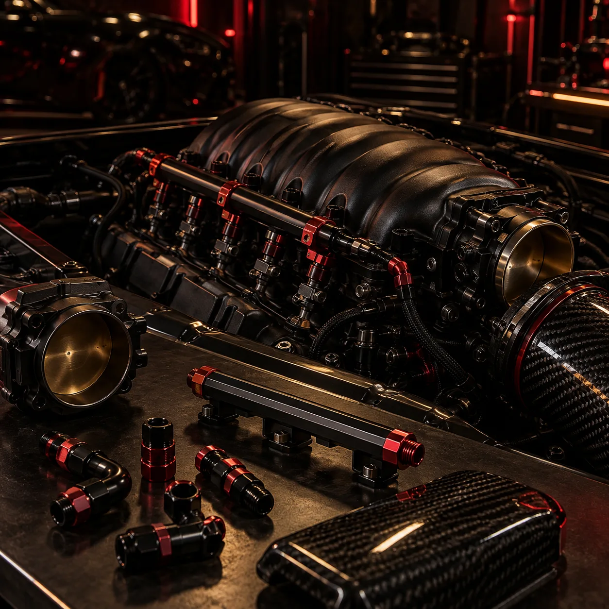 V8 engine with injectors and a fuel rail laid out on the bench