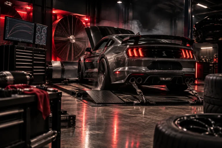 Mustang on the dyno at Outlaw Performance Engineering