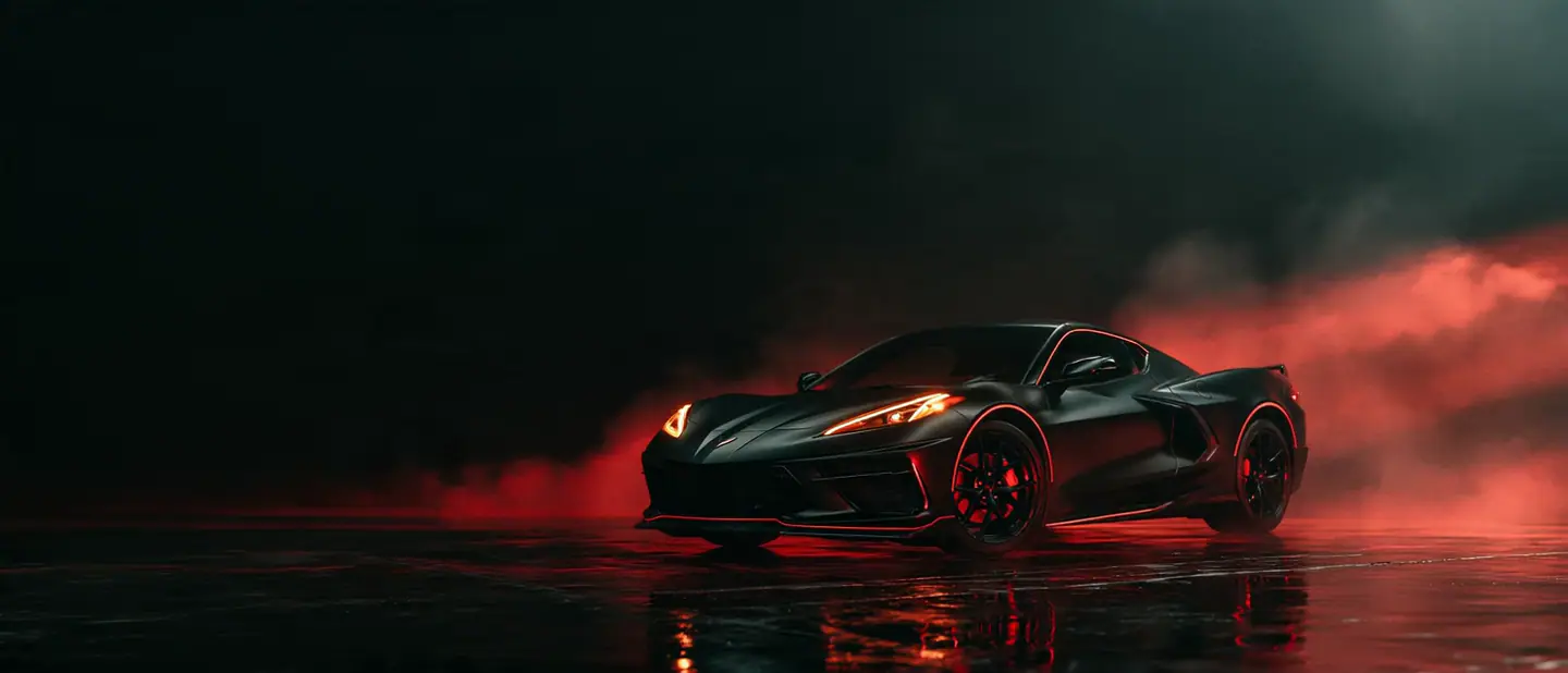 Black Corvette turning in red light at Outlaw Performance Engineering
