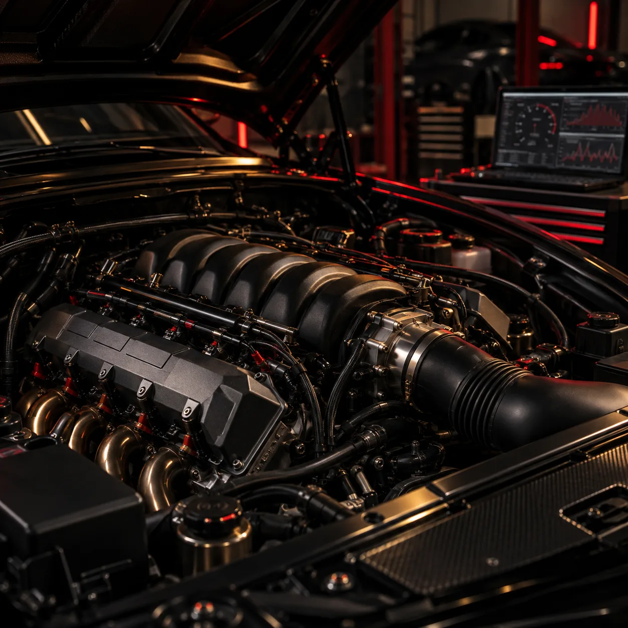V8 engine bay with a carbon intake tube and a tuning laptop