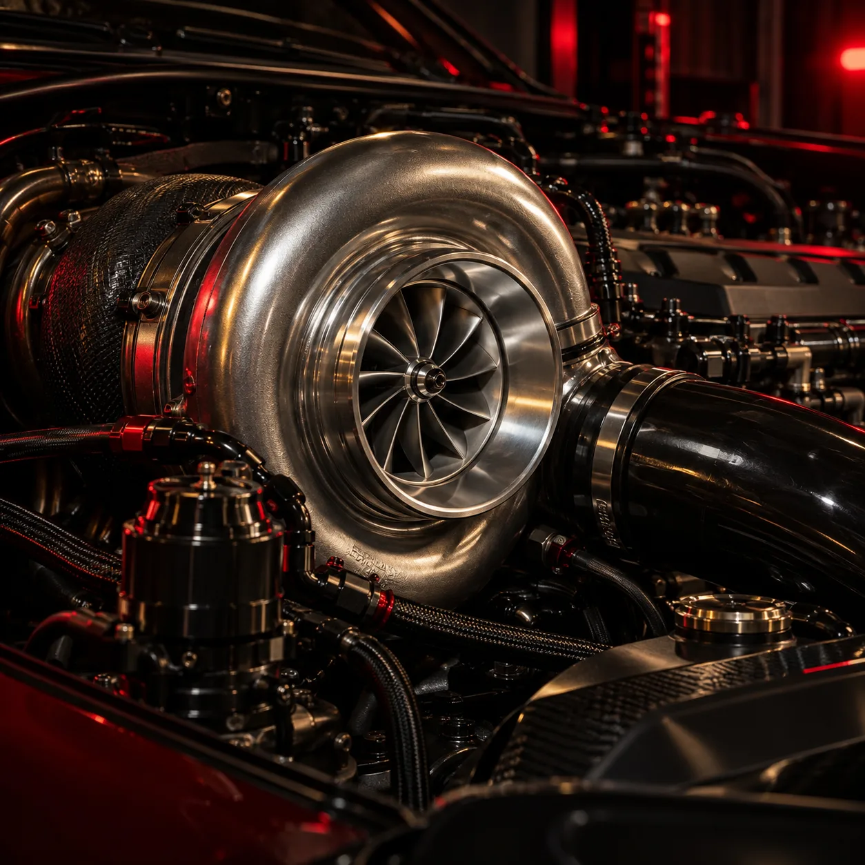 Polished turbocharger on a boosted V8 engine