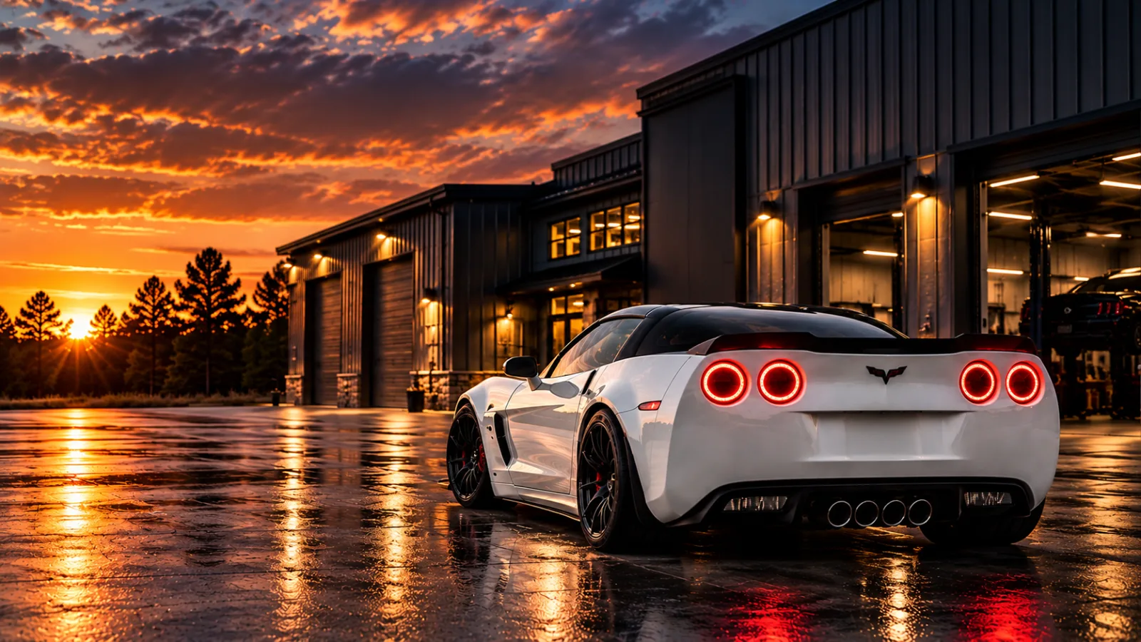 White Corvette outside the shop at sunset